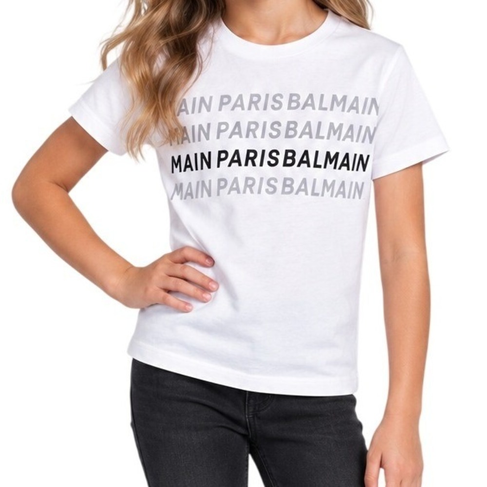 Balmain Paris White Black Logo Graphic Short Sleeve Shirt Girl's 8A